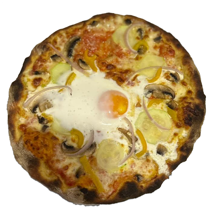 Pizza vegetariana con calabacín y huevo frito